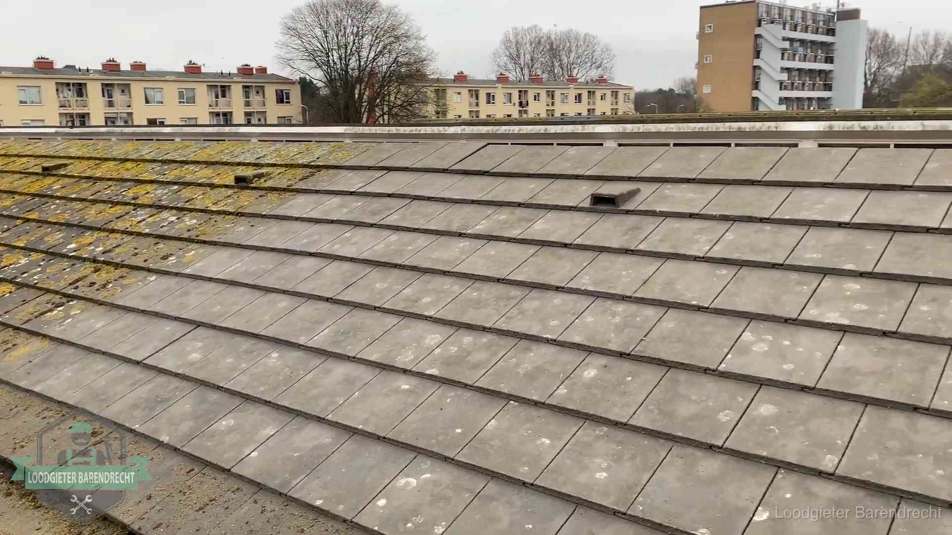 Dakpannen op een schuin dak in Barendrecht Schuin dak met betonpannen vol mos in Barendrecht, een risico op lekkage bij de pannen